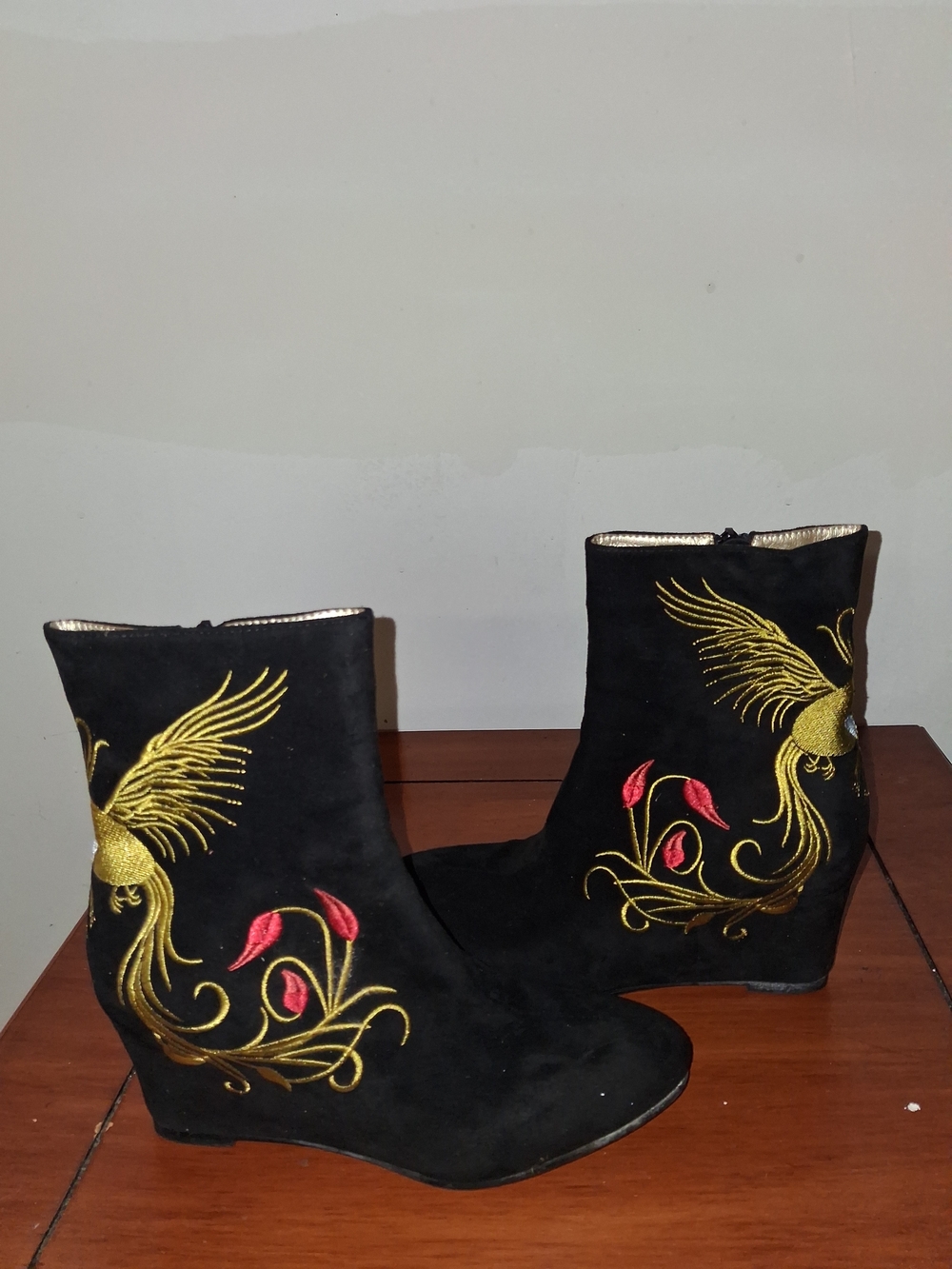 Black Embroidered Wedge Ankle Boots - Women